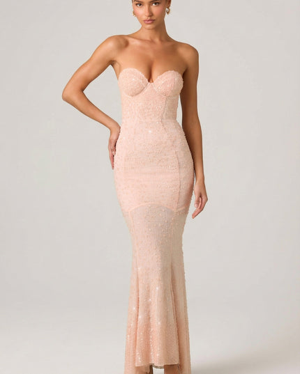 Dusty Rose Embellished Sweetheart-Neck Fishtail Gown