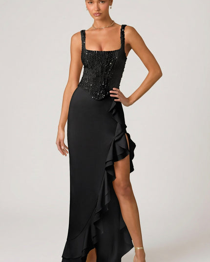 Black Embellished Ruffle-Trim Corset Gown