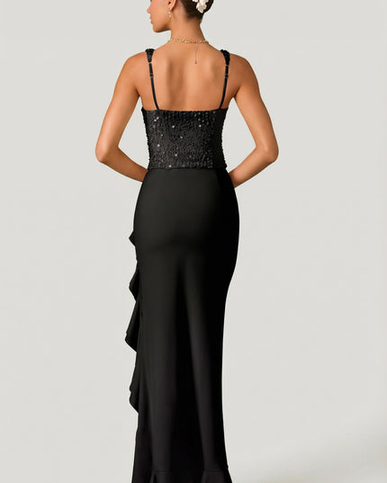 Black Embellished Ruffle-Trim Corset Gown