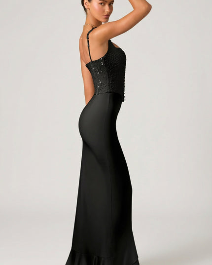 Black Embellished Ruffle-Trim Corset Gown