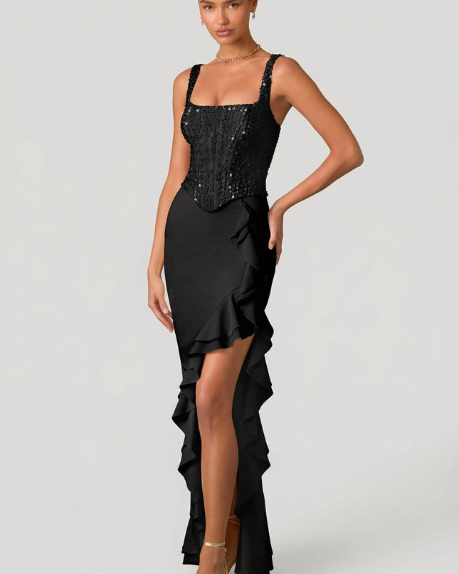 Black Embellished Ruffle-Trim Corset Gown