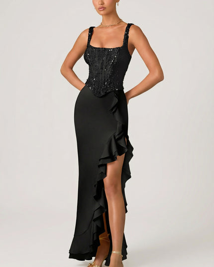 Black Embellished Ruffle-Trim Corset Gown