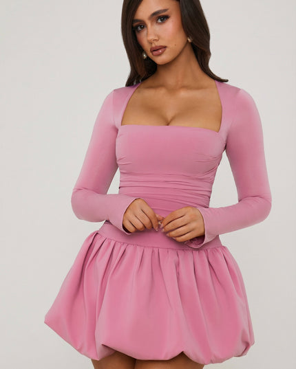 Mauve Long-Sleeve Bubble Hem Mini Dress