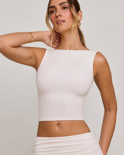 White High Neck Open Back Crop Top