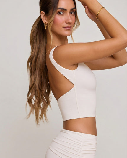 White High Neck Open Back Crop Top
