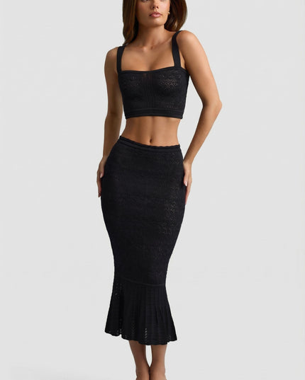 Black Ruffle-Trim Pointelle-Knit Midaxi Skirt