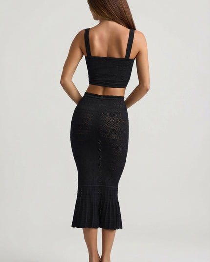 Black Ruffle-Trim Pointelle-Knit Midaxi Skirt