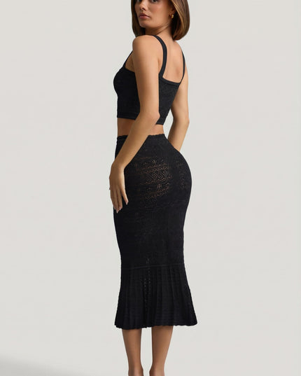 Black Ruffle-Trim Pointelle-Knit Midaxi Skirt