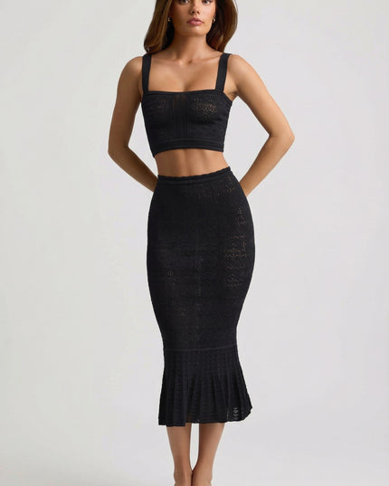 Black Ruffle-Trim Pointelle-Knit Midaxi Skirt