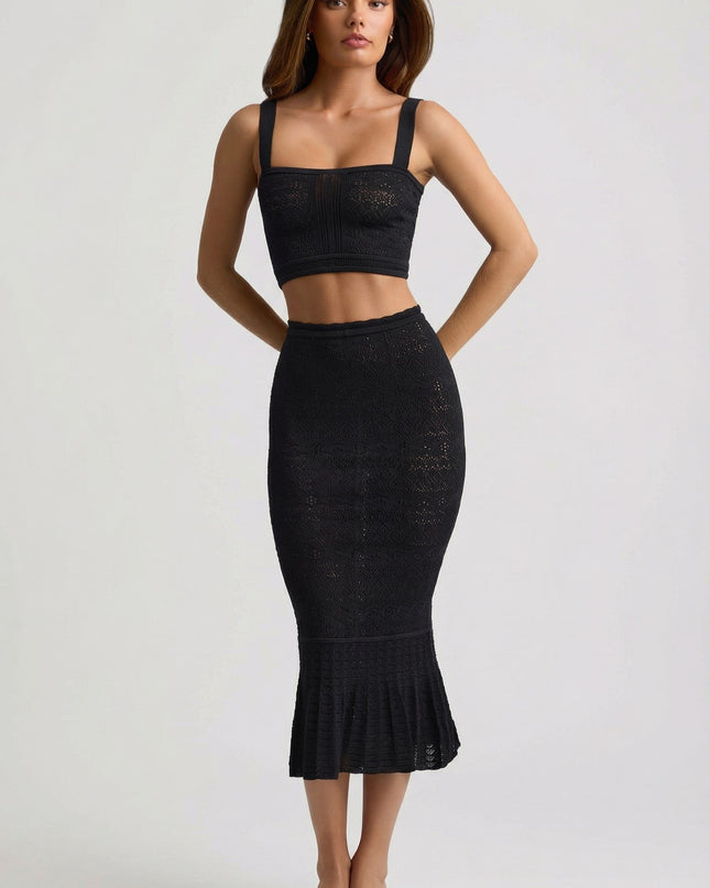 Black Ruffle-Trim Pointelle-Knit Midaxi Skirt