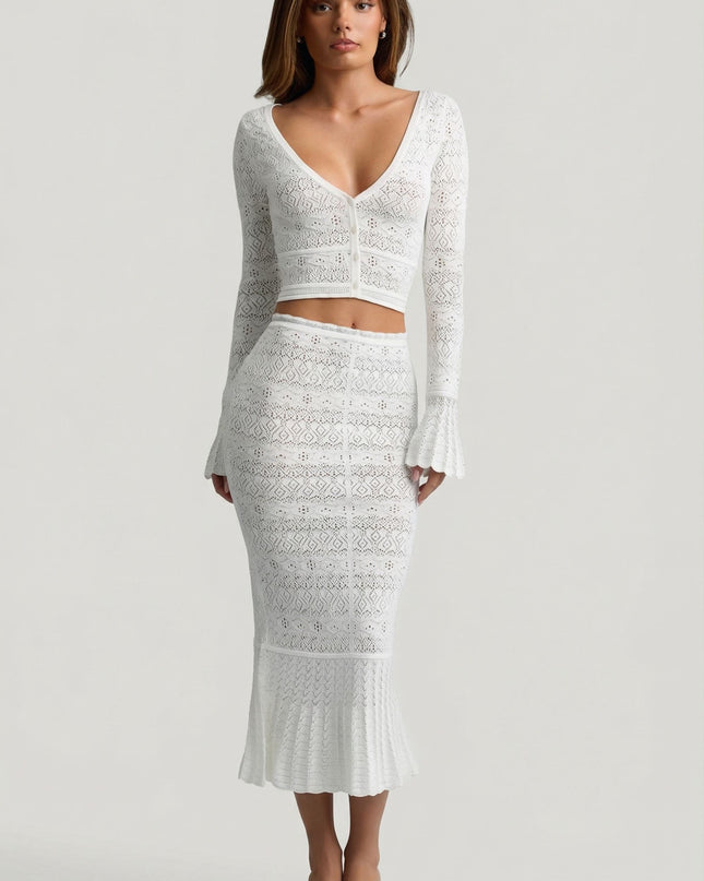White Ruffle-Trim Pointelle-Knit Midaxi Skirt