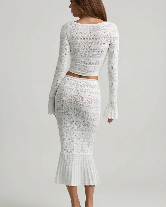 White Ruffle-Trim Pointelle-Knit Midaxi Skirt