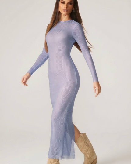 Blue Embellished Long Sleeve Maxi Dress