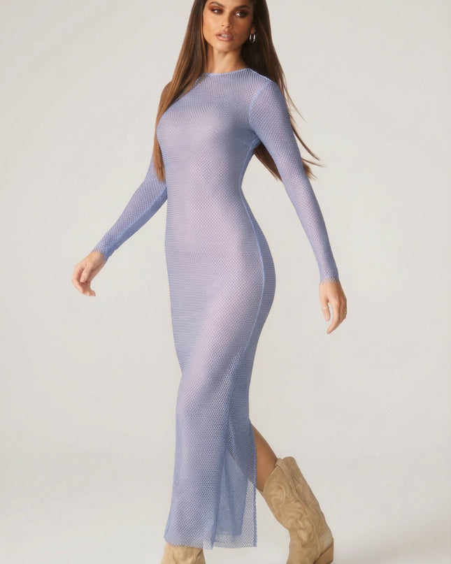 Blue Embellished Long Sleeve Maxi Dress