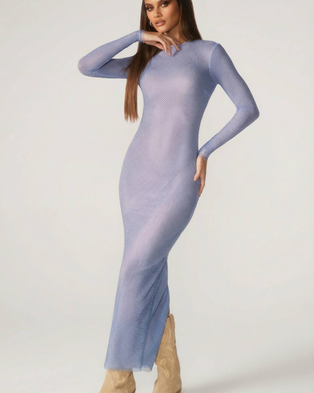 Blue Embellished Long Sleeve Maxi Dress