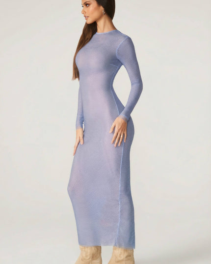 Blue Embellished Long Sleeve Maxi Dress