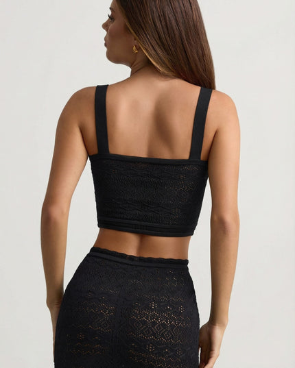 Black Pointelle-Knit Crop Top