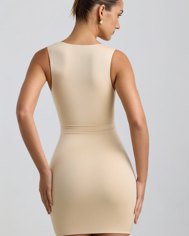 Buttercream Slinky Jersey Cut-Out Ruffle-Trim Mini Dress