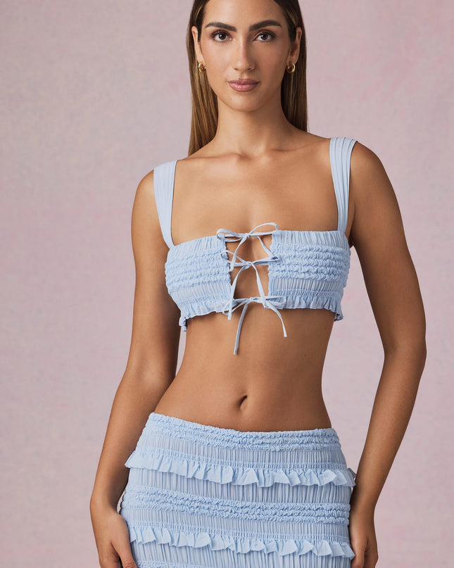 Powder Blue Ruffle Tie-Front Crop Top