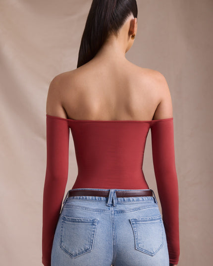 Brick Red Seamless Off-Shoulder Long-Sleeve Bodysuit