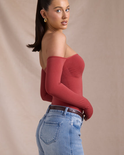 Brick Red Seamless Off-Shoulder Long-Sleeve Bodysuit