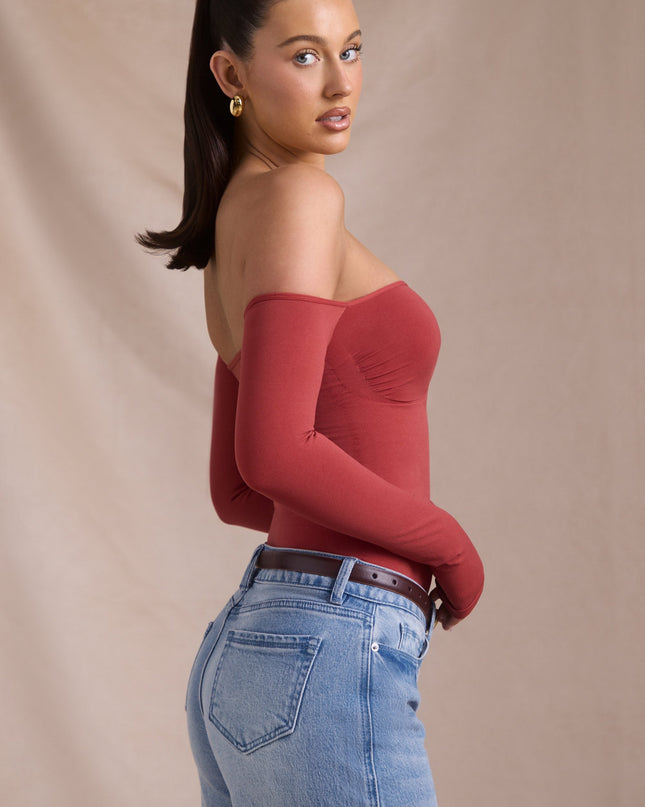 Brick Red Seamless Off-Shoulder Long-Sleeve Bodysuit