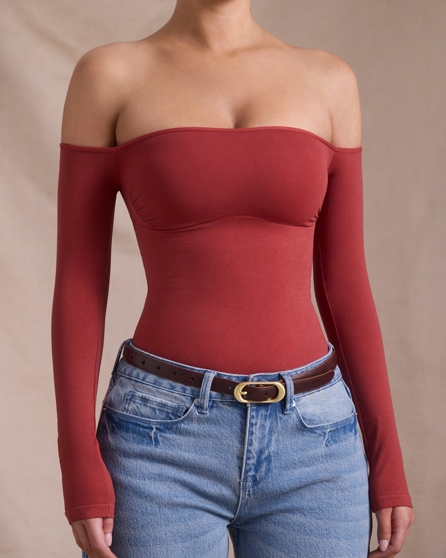 Brick Red Seamless Off-Shoulder Long-Sleeve Bodysuit