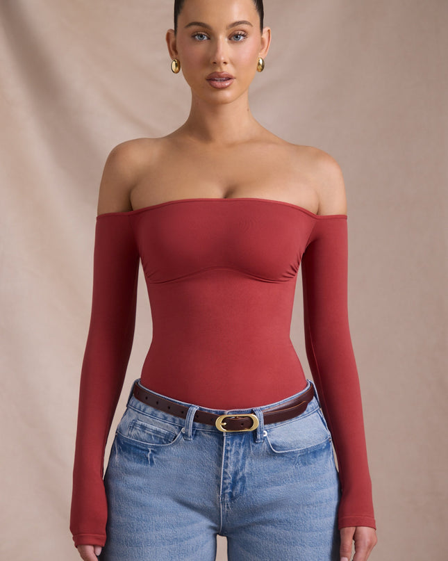 Brick Red Seamless Off-Shoulder Long-Sleeve Bodysuit