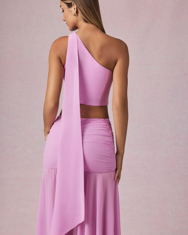 Pink Orchid Scarf-Detail One-Shoulder Top