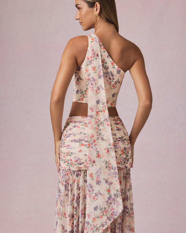 Primrose Floral Print Scarf-Detail One-Shoulder Top