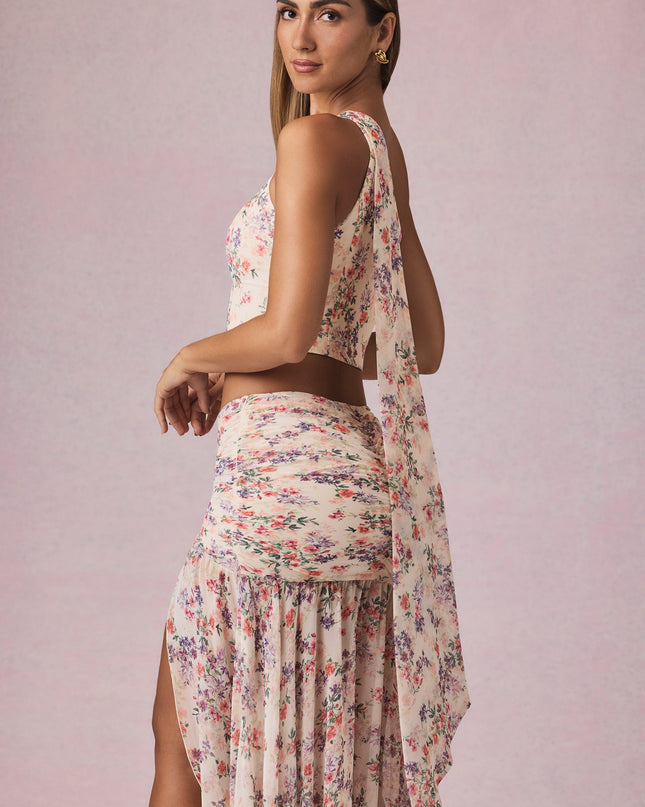Primrose Floral Print Scarf-Detail One-Shoulder Top