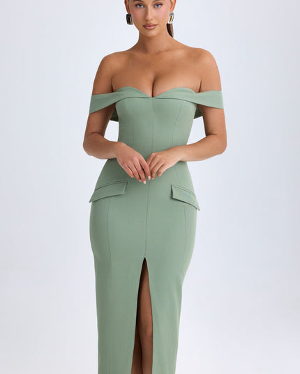 Khaki Green Off-Shoulder Midaxi Dress