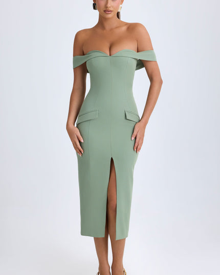 Khaki Green Off-Shoulder Midaxi Dress