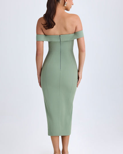 Khaki Green Off-Shoulder Midaxi Dress