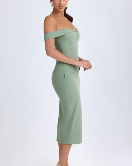 Khaki Green Off-Shoulder Midaxi Dress