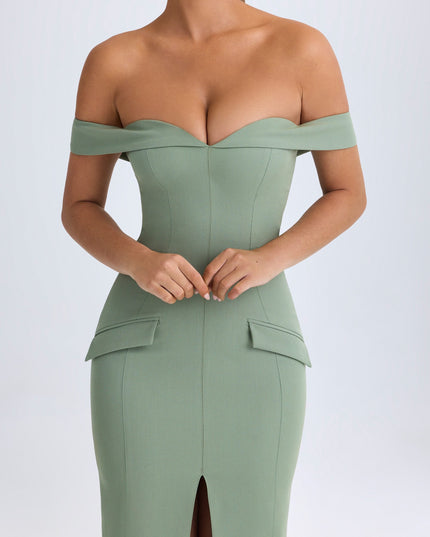 Khaki Green Off-Shoulder Midaxi Dress