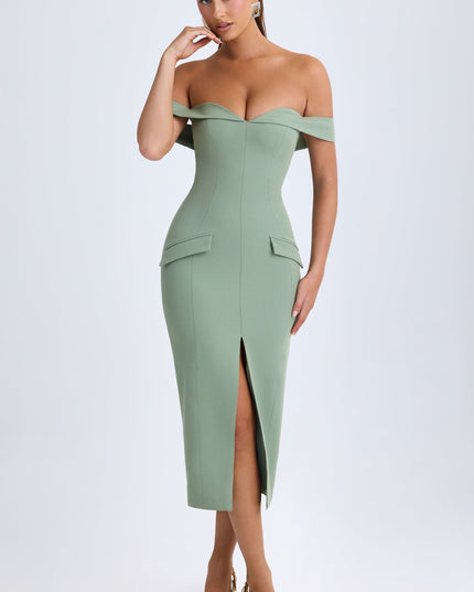 Khaki Green Off-Shoulder Midaxi Dress