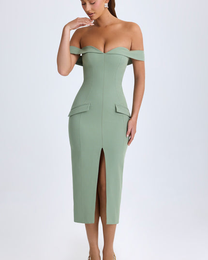 Khaki Green Off-Shoulder Midaxi Dress