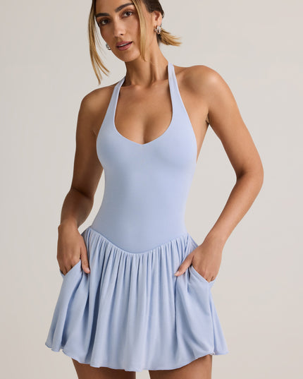 Light Blue Modal Backless Halterneck Mini Dress
