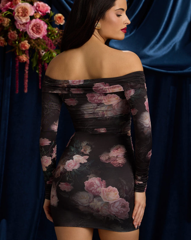 Black Floral Print Off-Shoulder Ruched Bodycon Mini Dress