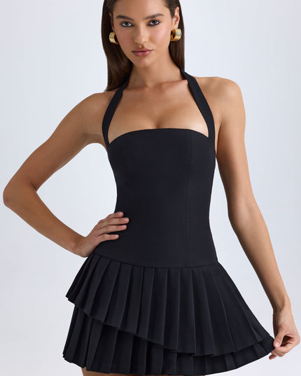 Black Asymmetric Layered Halterneck Mini Dress