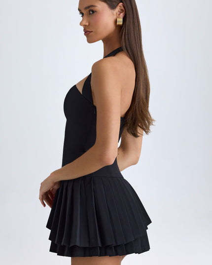 Black Asymmetric Layered Halterneck Mini Dress
