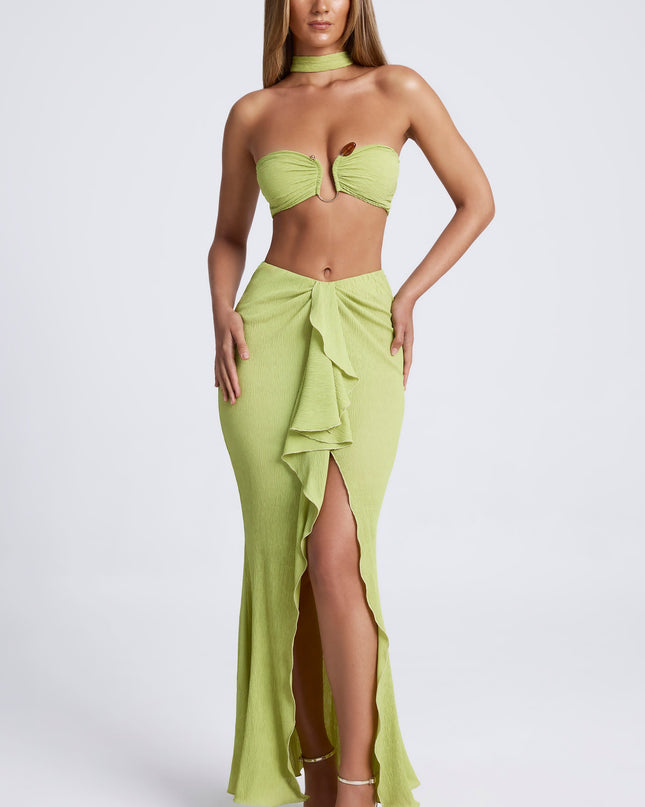 Olive Green Ruffle-Trim Maxi Skirt