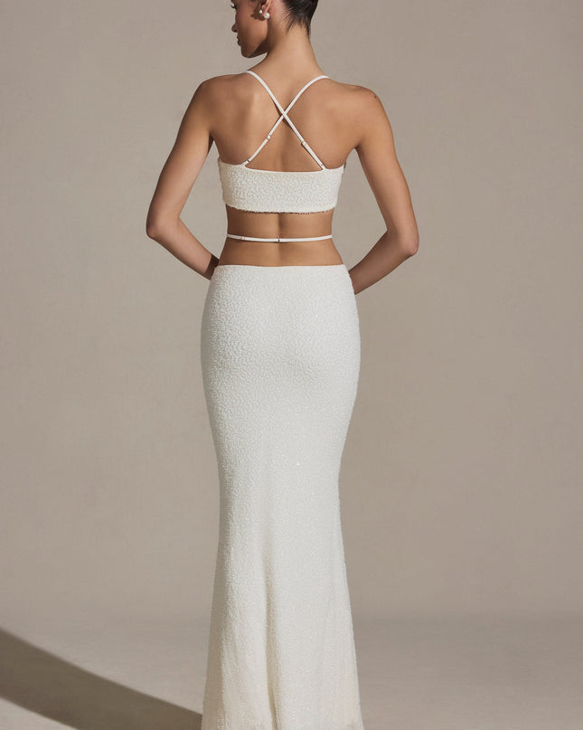 White Embellished Strappy Maxi Skirt