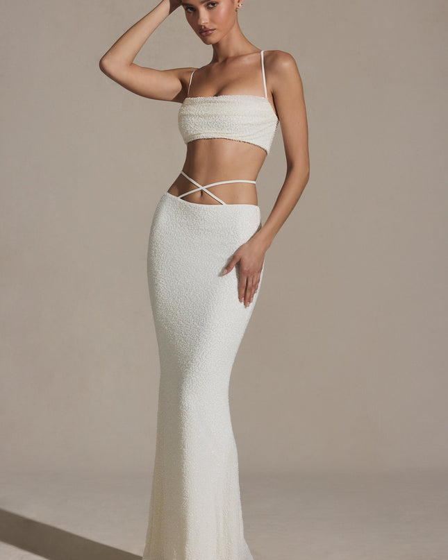 White Embellished Strappy Maxi Skirt