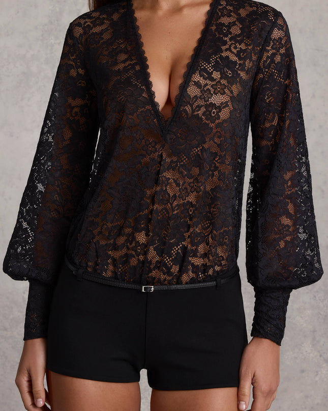 Black Sheer Lace Plunge-Neck Loose-Fit Playsuit