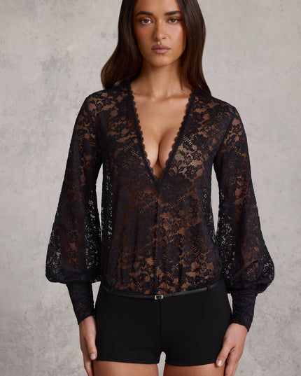 Black Sheer Lace Plunge-Neck Loose-Fit Playsuit