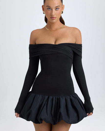 Black Modal Off-Shoulder Bubble Hem Mini Dress