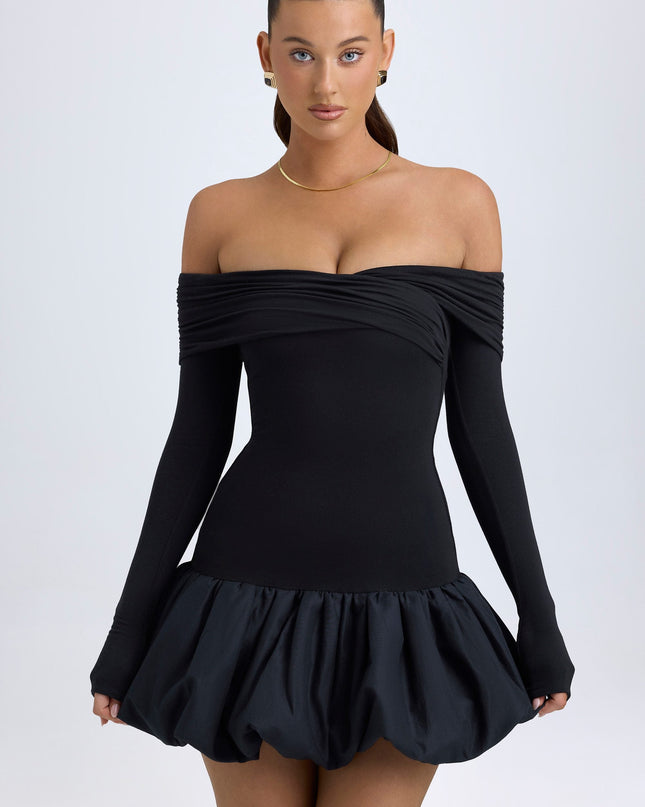 Black Modal Off-Shoulder Bubble Hem Mini Dress