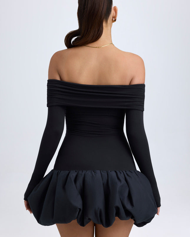 Black Modal Off-Shoulder Bubble Hem Mini Dress